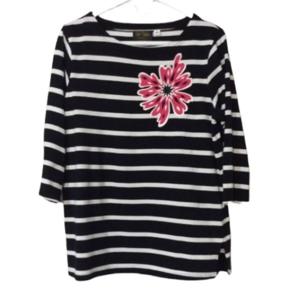 BOB MACKIE WEARABLE ART Black And White Striped With A BRIGHT Flower SHIRT - Picture 1 of 9